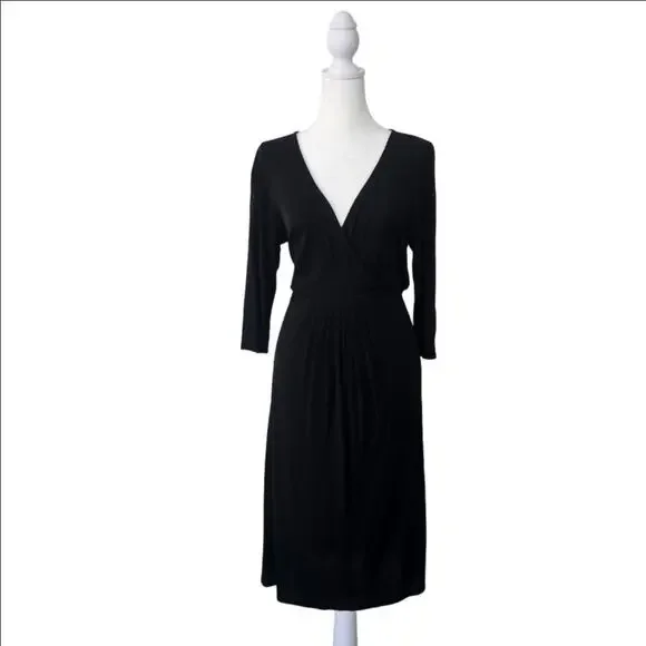 Eileen Fisher Black Faux Wrap Fit & Flare Silk Midi Dress Size M - Picture 1 of 8